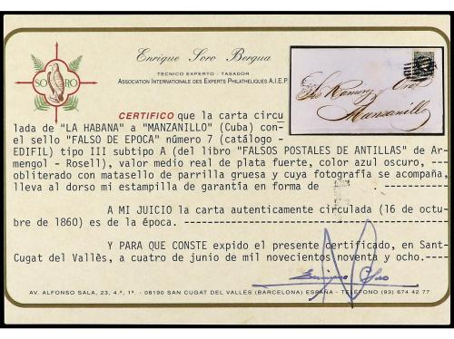 ✉ CUBA. Ant. 7F. 1860. HABANA a MANZANILLO. 1/2 real azul FA