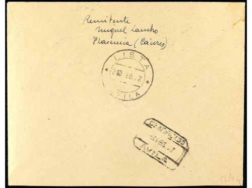 ✉ ESPAÑA. Ed. 693, 666. 1937. BARCELONA a ÁVILA. 20 cts. vio