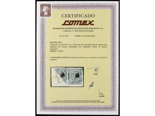 Δ ESPAÑA. Ed. 133. 10 cts. verde. Pequeño fragmento con sell