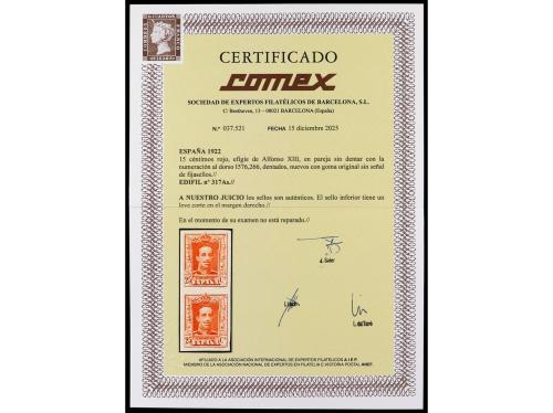 ** ESPAÑA. Ed. 317As. 25 cts. rojo. Pareja vertical SIN DENT