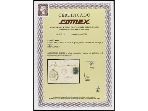 ✉ ESPAÑA. Ed. 37. 1866. SANTIAGO a VIGO. Frente de Plica Jud