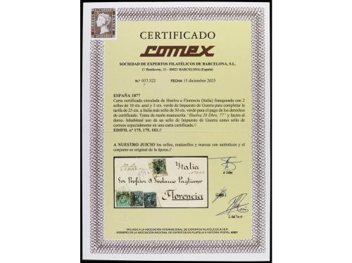 ✉ ESPAÑA. Ed. 175 (2), 179, 183. 1877. HUELVA a FLORENCIA. C