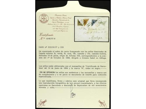 ✉ ESPAÑA. Ed. 213, 215, 217, 217. 1894. Sobre filatélico con