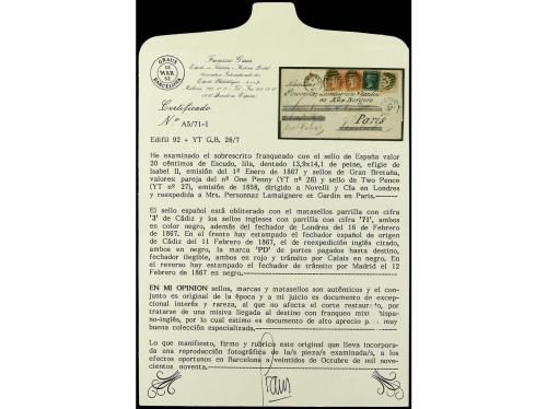 ✉ ESPAÑA. Ed. 92. 1867. CÁDIZ a LONDRES. 20 cts. lila, mat. 