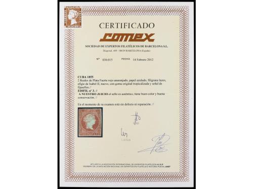 * CUBA. Ed. 3. 2 reales rojo naranja, filigrana lazos, goma 