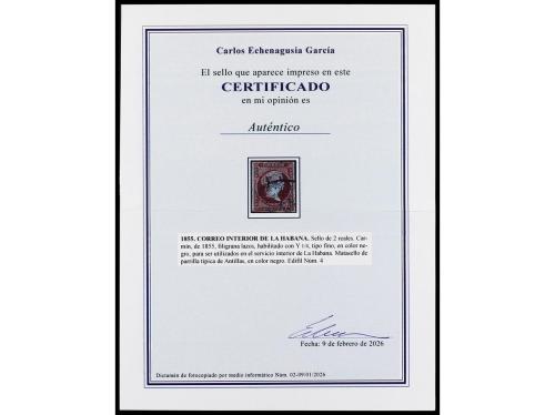 ° CUBA. Ed. 4. Y 1/4 s. 2 reales carmín. Tipo I, mat. parril