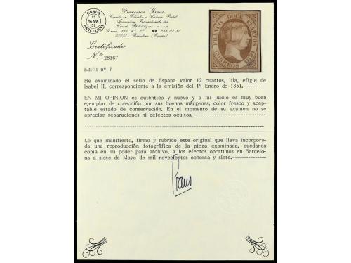 (*) ESPAÑA. Ed. 7. 12 cuartos lila gris. MAGNÍFICO EJEMPLAR.