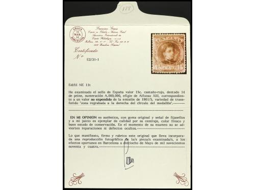 * ESPAÑA. Ed. NE 11. NO EXPENDIDO. 15 cts. castaño. Centraje