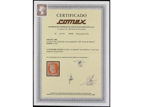 ° ESPAÑA. Ed. 12. 6 cuartos rosa, mat. 1R en rojo de MADRID.