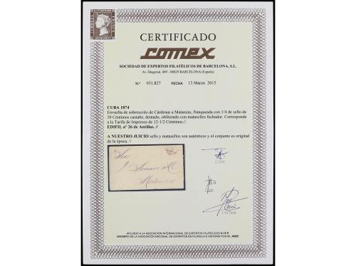 ✉ CUBA. Ant. 26. 1874. CARDENAS a MATANZAS. 50 cts. castaño 