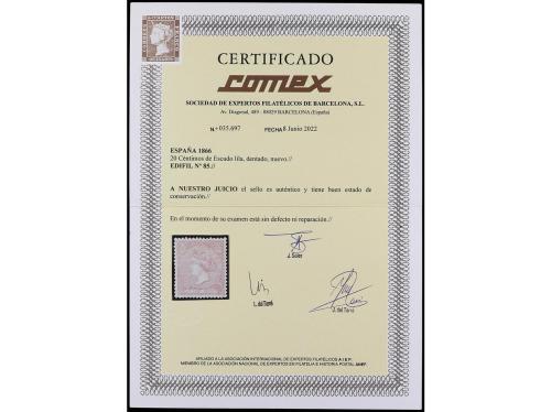 ** ESPAÑA. Ed. 85. 20 cts. lila. Centraje perfecto. PIEZA DE