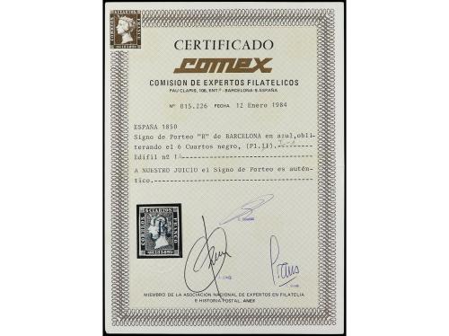 ° ESPAÑA. Ed. 1. 6 cuartos negro pl. I tipo I. Mat. R de BAR