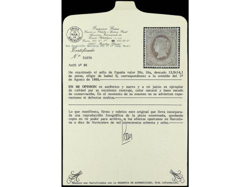 (*) ESPAÑA. Ed. 86. 20 cts. lila. Excepcional centraje. PIEZ