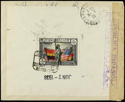 ✉ ESPAÑA. Ed. 757+764. 1938. BARCELONA a PARÍS. 45 cts. + 2 