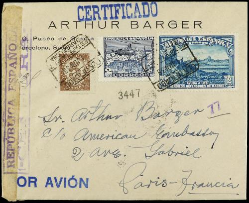 ✉ ESPAÑA. Ed. 757+764. 1938. BARCELONA a PARÍS. 45 cts. + 2 