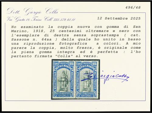 ** SAN MARINO. Sa. 64aa. 1918. 25 + 5 cts. negro y azul. Par