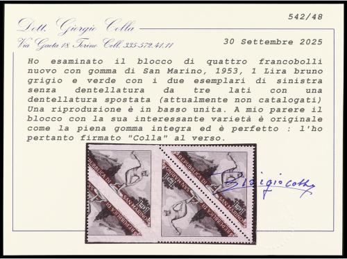 ** SAN MARINO. Sa. 391. 1953. 1 lira castaño y verde. Pareja