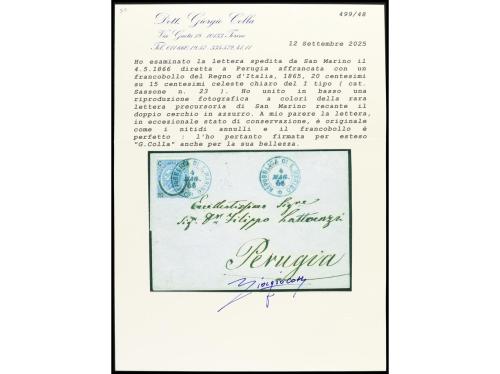 ✉ SAN MARINO. Sa. E-7. 1866. SAN MARINO a PERUGIA. 20 cts. s