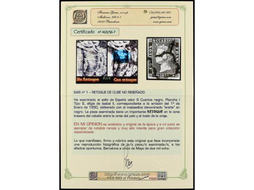 ° ESPAÑA. Ed. 1. 6 cuartos negro. RETOQUE EN EL PELO, tipo 9