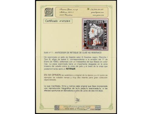 ° ESPAÑA. Ed. 1. 6 cuartos negro. RETOQUE EN EL PELO, tipo 9