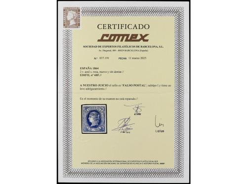 (*) ESPAÑA. Ed. 68F. 2 reales azul. FALSO POSTAL subtipo I. 