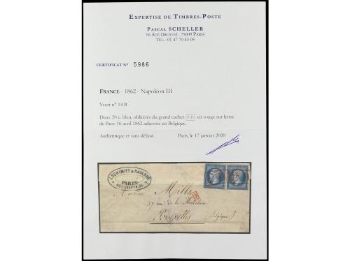 ✉ FRANCIA. Yv. 14 (2). 1862. PARÍS a BRUXELLES. 20 cts. azul