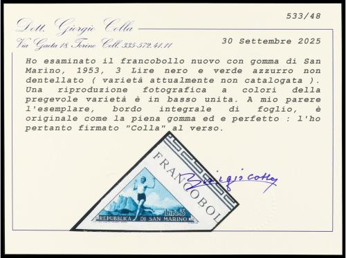 ** SAN MARINO. Sa. 393. 1953. 3 liras azul y negro SIN DENTA