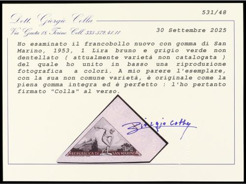 ** SAN MARINO. Sa. 391. 1953. 1 lira castaño y verde SIN DEN