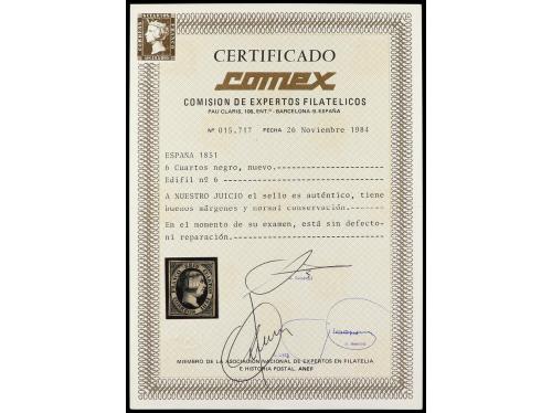* ESPAÑA. Ed. 6. 6 cuartos negro. PIEZA DE LUJO. Cert. COMEX