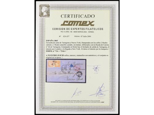 ✉ ESPAÑA. Ed. 73A + 73Ab. 1865. TARRAGONA a NEW YORK. 2 real