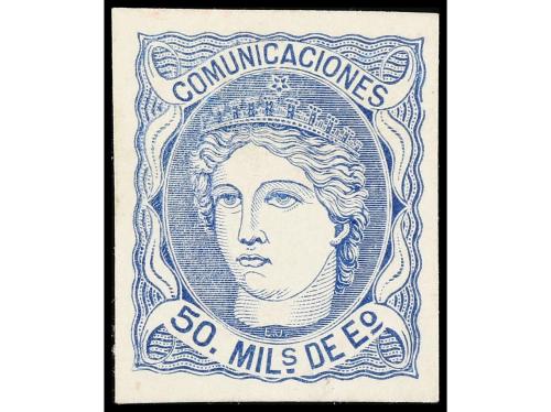 ESPAÑA. Ed. 107. 50 mils. azul PRUEBA DE PUNZÓN sobre cartul