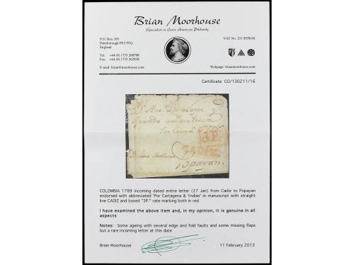 ✉ COLOMBIA. 1789 (27 enero). CÁDIZ a POPAYAN (Colombia). Car