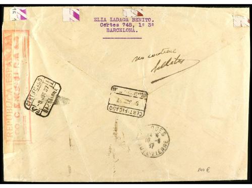 ✉ ESPAÑA GUERRA CIVIL. 1937. BARCELONA a FRANCIA. Carta cert