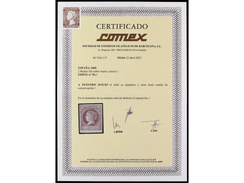 (*) ESPAÑA. Ed. 56. 2 reales lila, borde inferior de hoja, P