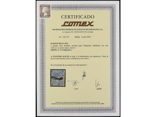 * PUERTO RICO. Ed. T-14. TELÉGRAFOS. 2 pesetas azul, con hab