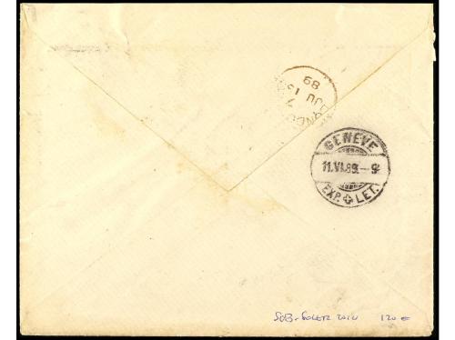 ✉ SUIZA. Yv. 84. 1889. GENEVE a LONDRES. 50 cts. azul, dent.