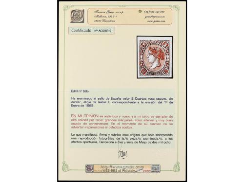 * ESPAÑA. Ed. 69. 2 cuartos rosa oscuro. Amplios márgenes y 