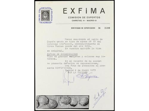 ° ESPAÑA. Ed. 15 (5). 5 reales verde. Tira de cinco. Muy bon