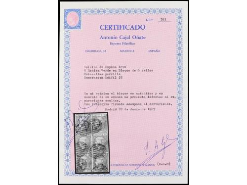 ° ESPAÑA. Ed. 15 (6). 5 reales verde. Bloque de seis, muy bo