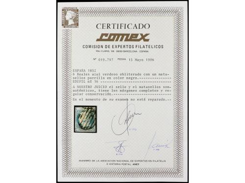 ° ESPAÑA. Ed. 16it. 6 reales azul. Variedad 'FALTA LA BARRA 