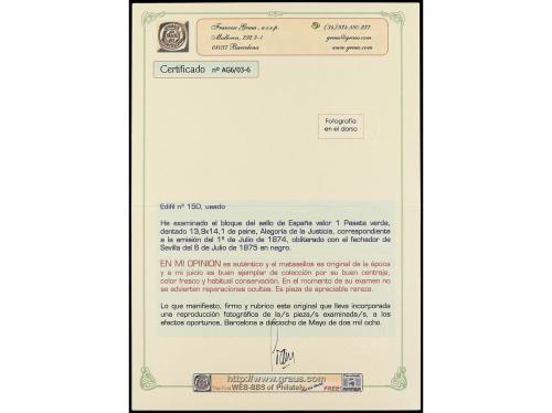 ° ESPAÑA. Ed. 150 (4). 1 pta. verde. Bloque de cuatro. Mat. 