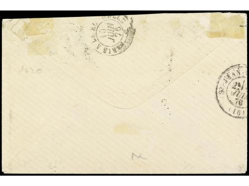 ✉ INDIA. 1876. PONDICHERY. 30 cts. castaño tira de tres. Mat