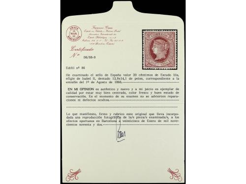 * ESPAÑA. Ed. 86. 20 cts. lila. Color y centraje perfectos. 