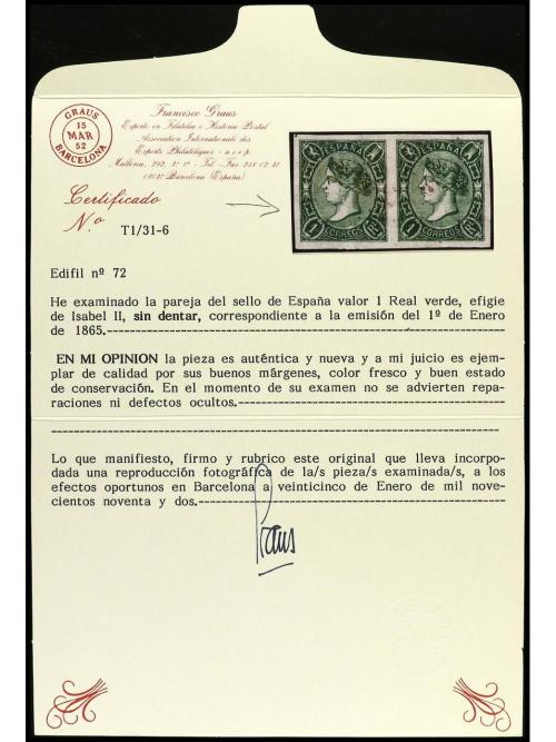 * ESPAÑA. Ed. 72. 1 real verde. Color y márgenes excepcional