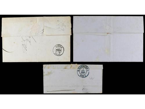 ✉ BELGICA. 1854-58. 3 covers. Margins cuted diagonally. 