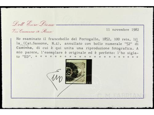 ° PORTUGAL. Mu. 4. 100 reis lila, mat. círculo de barras con