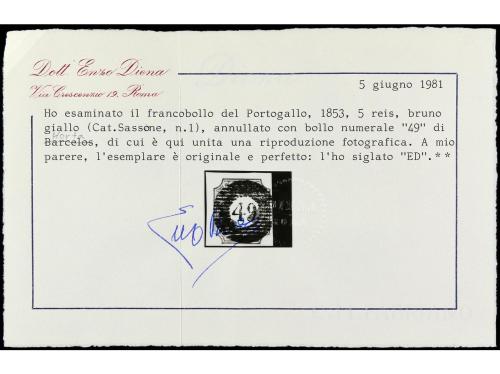 ° PORTUGAL. Mu. 1. 5 reis castaño, mat. círculo de barras co