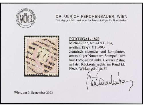 ° PORTUGAL. Mu. 46. 240 reis lila, mat. óvalo con cifra "16"