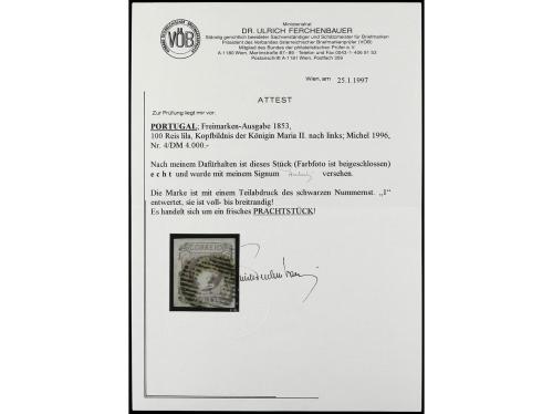 ° PORTUGAL. Mu. 4. 100 reis lila, mat. círculo de barras con