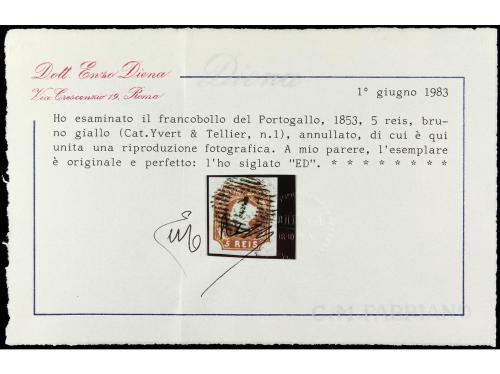 ° PORTUGAL. Mu. 1. 5 reis castaño, mat. círculo de barras co